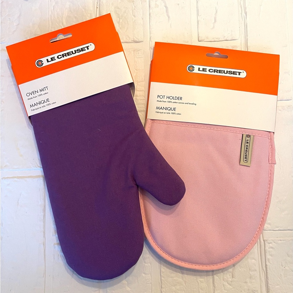 New Le Creuset Ultra Violet Chiffon Pink Cotton Oven Mitt and Pot Holder Bundle